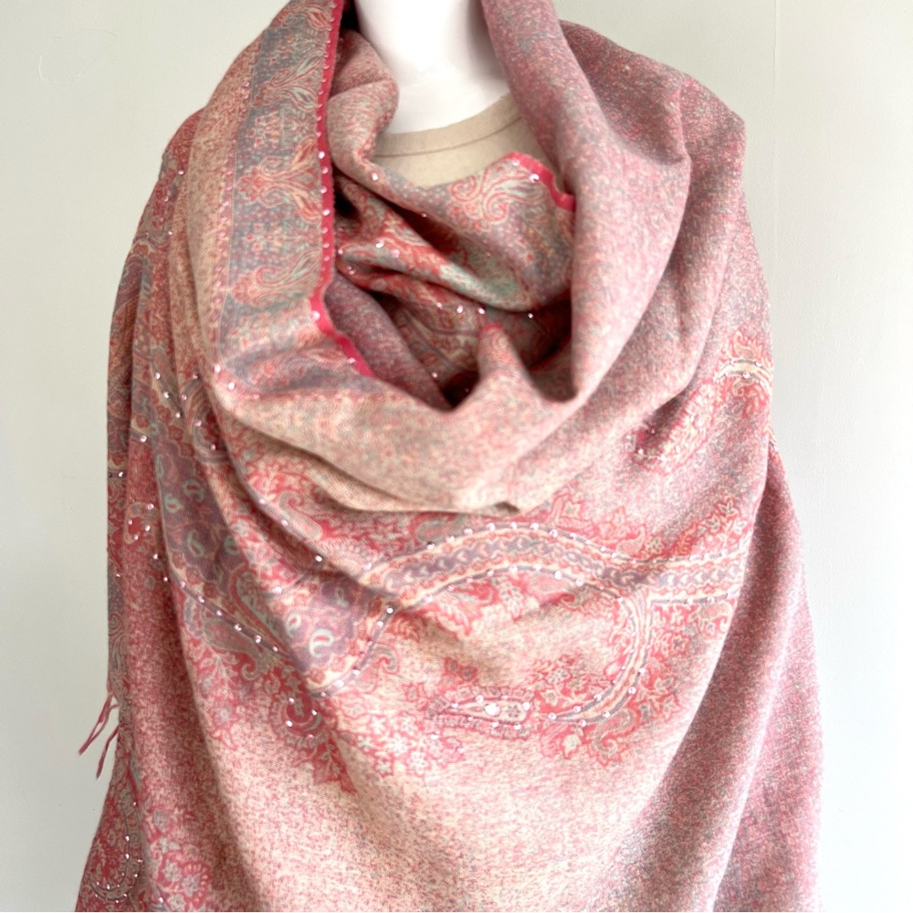 100% Pashmina Handmade Pink Turquoise Paisley Crystal Bead Long Wrap Shawl Scarf - Picture 9 of 13